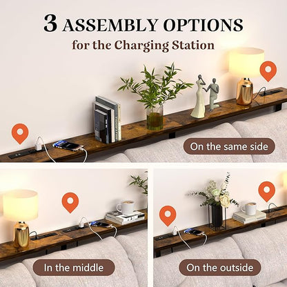 GRLEAF 102" Sofa Table with Built-in Power Strip (4 AC Outlets & 4 USB Ports) – 4.9ft Power Cord, Metal Frame, Easy Assembly, Long Couch Table Behind Sofa, Living Room and Home Office | Rustic Brown