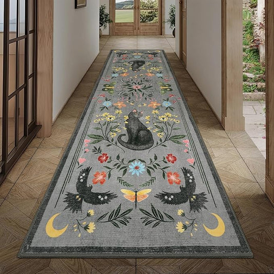GarveeHome 2.5x8 Cat Washable Runner Rug for Hallway, Soft Grey Long Kitchen Runner Non Slip Mushroom Insect Entryway Rug Floral Laundry Mat Stain Resistant Carpet for Bathroom Beside Rug
