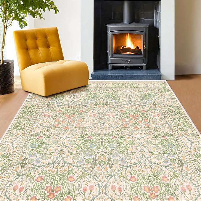 Hazo Haus Light Green Bedroom Rug 5x7 Area Rug for Living Room, Vintage Washable Floral Floor Mat for Nursery, Dining Room Low Pile Non Slip Stain Resistance Distressed Retro Indoor (5x7 Beige Green)