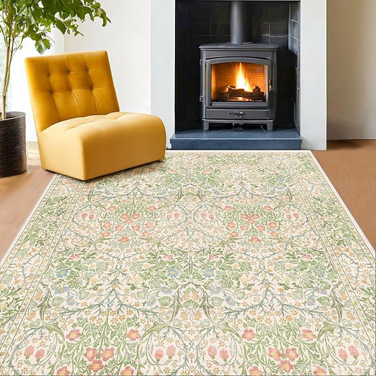 Hazo Haus Light Beige Green Area Rugs for Dining Room, 6x9 Washable Area Rug for Bedroom, Living Room, Nursery Room, Kids Play Room, Low Pile Non-Slip - Vintage Design & Stain Resistance