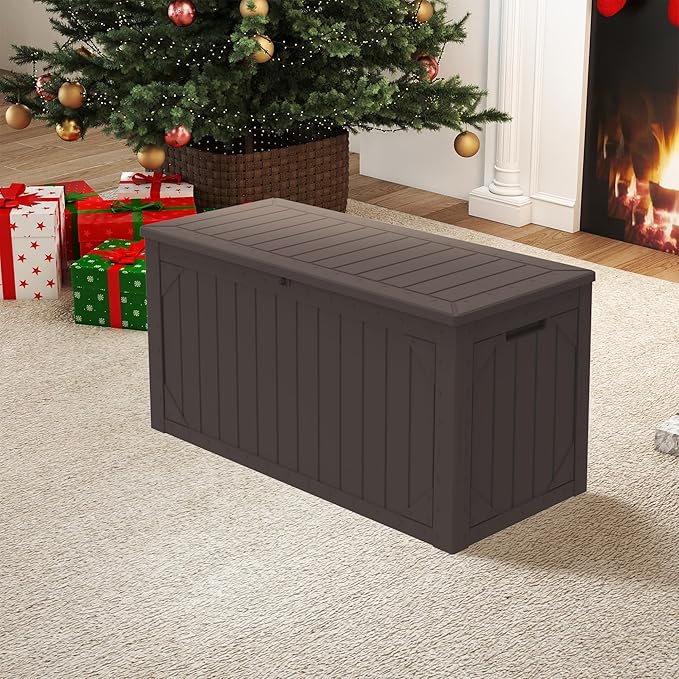 100 Gallon Outdoor Storage Box Waterproof,Resin Deck Box Storage Bin for Cushion Patio Furniture, Pool Accessories, and Garden Tools, Lockable & UV-Resistant, Brown