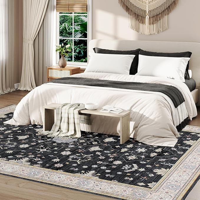 Large Rugs for Living Room, 8x10 Black Washable Rug for Bedroom, Soft Boho Indoor Carpets, Big Modern Kids Room Rug, Non-Slip Low Pile Mat for Office Home Dining Room Christmas Decor, Black/Gold