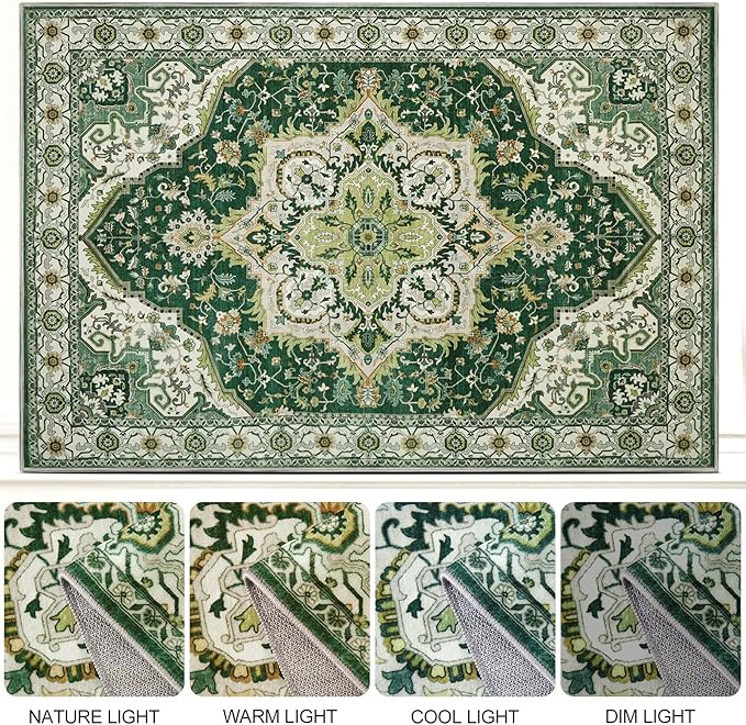 Area Rugs for Living Room 6x9 - Machine Washable Vintage Oriental Soft Rug, Low Pile Thin Floor Carpet with Non Slip Backing for Bedroom, Dorm, Under Dining Room Table, Indoor House, Office Decor
