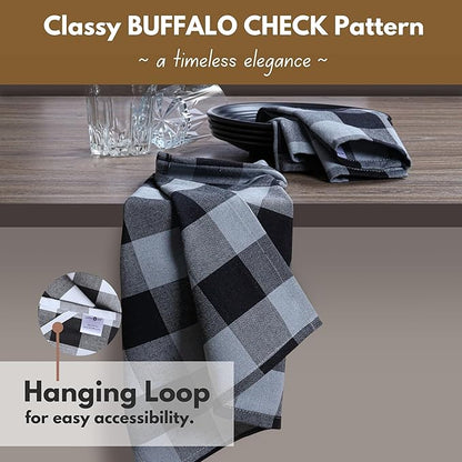 Native Fab 6 Pack Buffalo Check Kitchen Dish Towels, Cotton, Durable, Washable 16"x26" - Tea Towel, Soft Absorbent Cleaning Towels, Hand Towel with Hanging Loop - Black, Grey