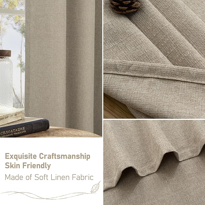 LAMIT Natural Linen Thermal Curtains for Bedroom, 72 inches Grommet Thick Light Reducing Curtains Window Light Filtering Panels for Living Room/Farmhouse, Set of 2 Panels, W52 x L72, Taupe