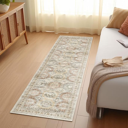 Rug Runners for Hallways Non Slip - 2x8 Runner Rug for Bedroom, Washable Runner with Rubber Backing, Soft Low-Pile Carpet for Kitchen, Laundry, Bathroom (2'x8', Brown/Pink)