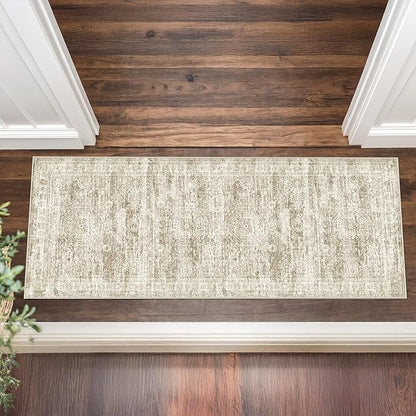 2x5 Rug Runner Washable for Entryway, Soft Bathroom Rugs with Non-Slip Backing, Abstract Low Pile Hallway Runner, Vintage Small Kitchen Carpet for Stair, Laundry Room(2'x5', Brown/Ivory)