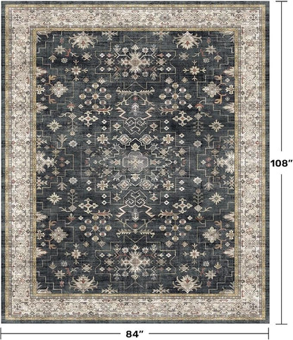 Boho Dining Room Rugs for Under Table - 7x9 Washable Black Area Rug for Living Room, Low Pile Non-Slip Rugs for Bedroom Under Bed - Charming Farmhouse Decor & Stain Resistance - Black/Multi