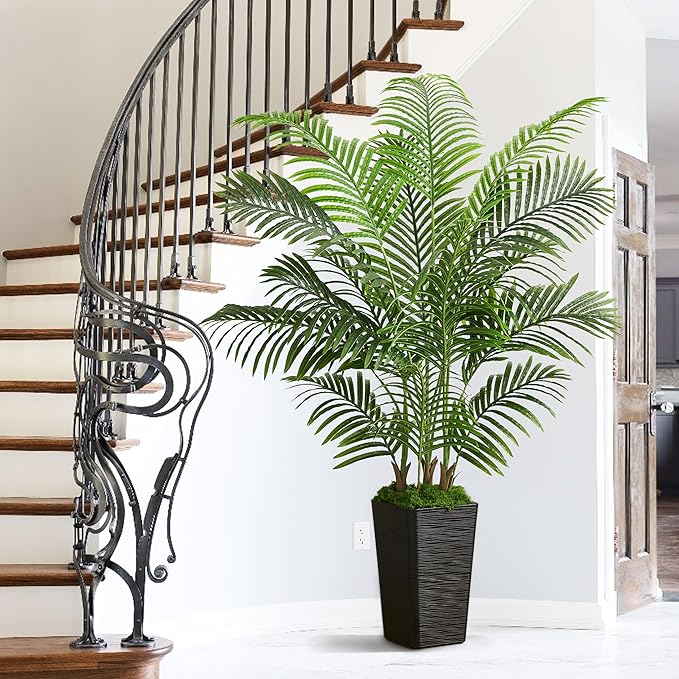 Artificial Palm Tree Artificial Silk Plant Fake Tree with White Tall Planter Faux Tropical Areca Floor Plant in Pot (1, Black Tall Planter, 5 FT)