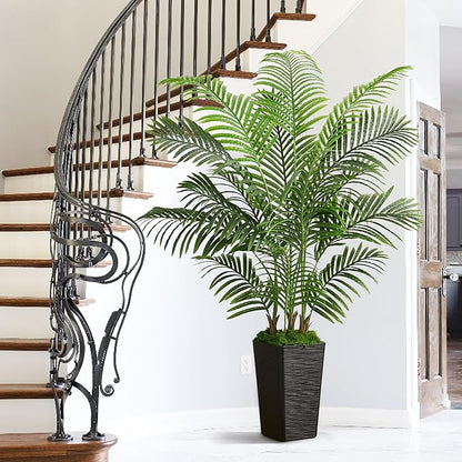 Artificial Palm Tree Artificial Silk Plant Fake Tree with White Tall Planter Faux Tropical Areca Floor Plant in Pot (1, Black Tall Planter, 5 FT)