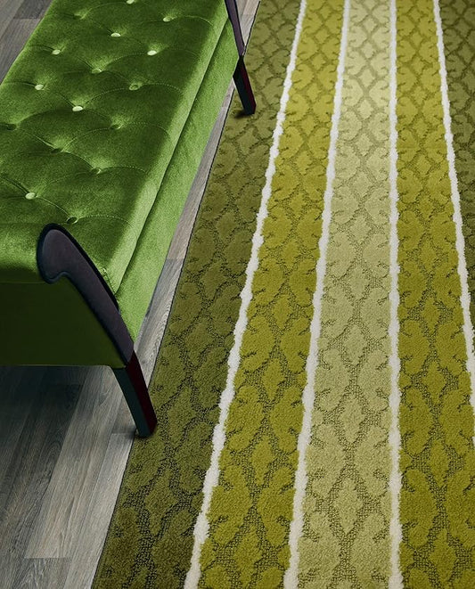 Custom Size Hallway Runner Rug, Slip Resistant, 26 Inch Wide x Your Choice of Length Size, Damask Green, 26 Inch X 19 Feet, Sold and Priced Per Foot