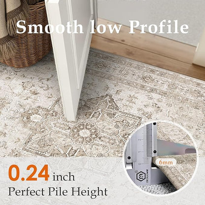 Taupe 6x9 Area Rug Washable Vintage Living Room Carpet Non Slip Retro Distressed Low Pile Soft Oriental Medallion Thin Large Throw Rug for Office Bedroom Dining Room Playroom