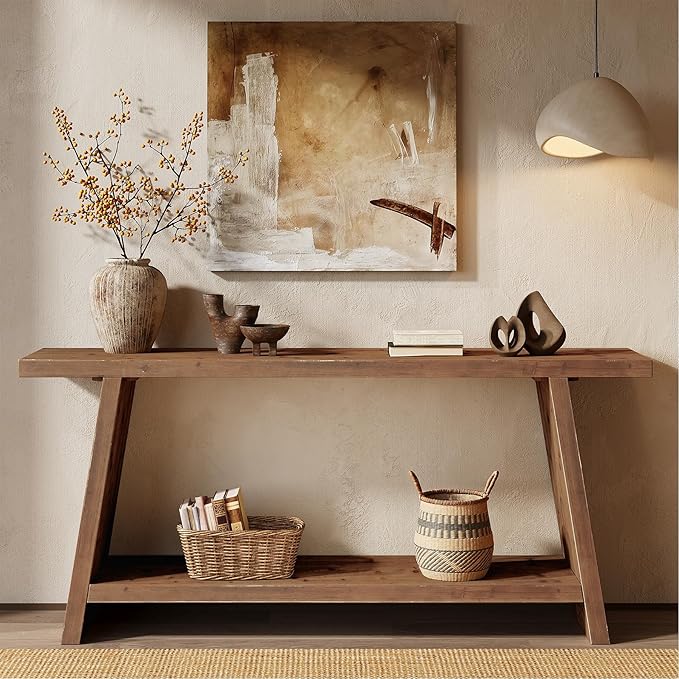 70.9'' Solid Wood Console Table, Narrow Long Sofa Table Behind Couch with 2-Tier Storage, Farmhouse Entryway Table for Living Room, Hallway, Foyer, Brown