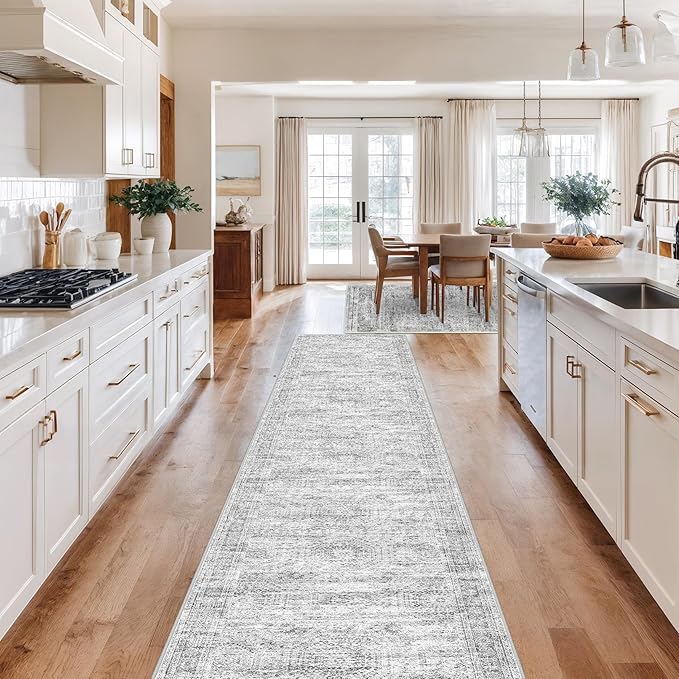 Washable Runner Rug 2.5x12, Non-Slip Long Bathroom Rugs Runner for Kitchen, Living Room, Bedroom, Soft Vintage Rug for Entryway, Thin Floor Mat for Dining Room(2.5'x12', Grey/Ivory)