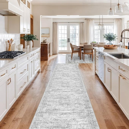Washable Runner Rug 2.5x12, Non-Slip Long Bathroom Rugs Runner for Kitchen, Living Room, Bedroom, Soft Vintage Rug for Entryway, Thin Floor Mat for Dining Room(2.5'x12', Grey/Ivory)
