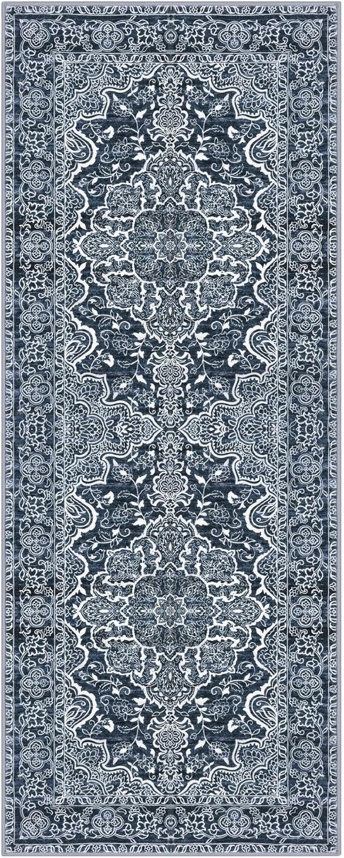 KUTA Vintage Washable Runner Rug, 2x6 Navy Blue Runners for Hallways Non-Slip Kitchen Rugs Ultra Soft Printed Distressed Floral Carpet for Laundry Bedroom Living Room Nursery
