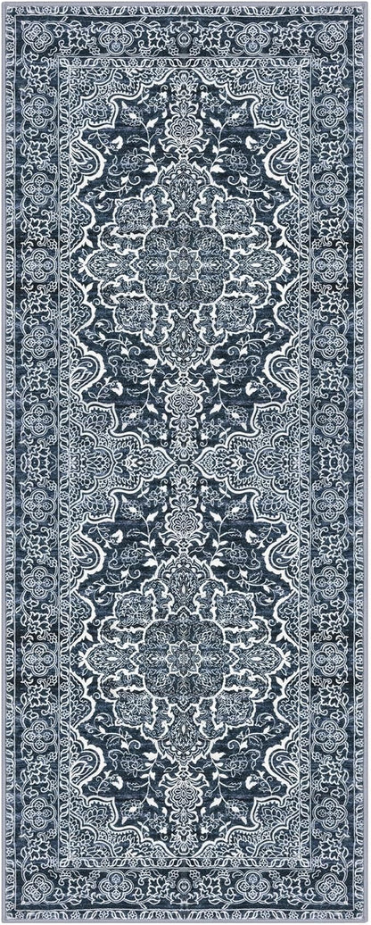 KUTA Vintage Washable Runner Rug, 2x6 Navy Blue Runners for Hallways Non-Slip Kitchen Rugs Ultra Soft Printed Distressed Floral Carpet for Laundry Bedroom Living Room Nursery