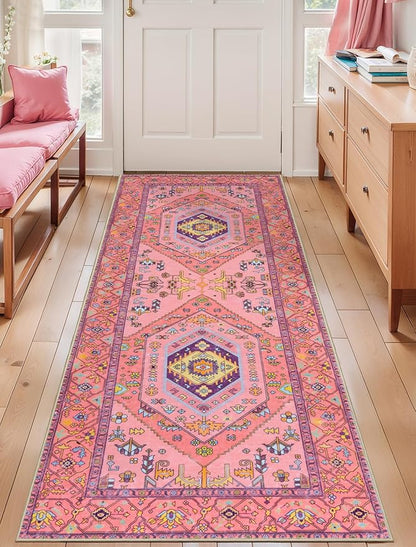 SERISSA Washable Kitchen Runner Rug, 2x5 Non-Slip Fuchsia Pink Runner Rugs for Hallway, Ultra Soft Cute Boho Aesthetic Low-Pile Floor Carpet for Bedroom Bathroom Laundry Living Room