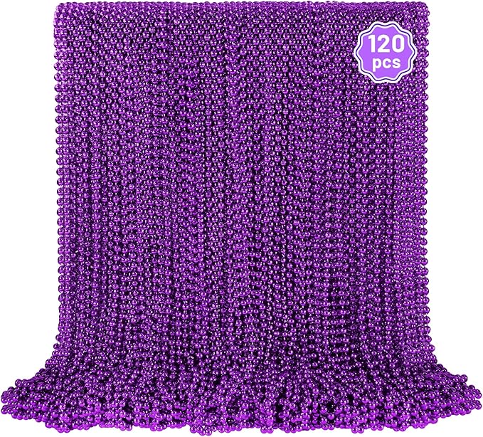 YAXINRUI 120 PCS Purple Bead Necklaces, Purple Mardi Gras Beads, Halloween Beads Necklaces, 33 Inch Round Beaded Necklace Costume Necklace for Mardi Gras Christmas Halloween Party Favors