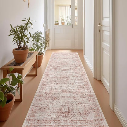 Rug Runners for Hallways Non Slip - 2x8 Runner Rug for Bedroom, Washable Runner with Rubber Backing, Soft Low-Pile Carpet for Kitchen, Laundry, Bathroom (2'x8', Pink/Ivory)