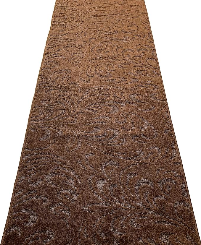 12 FT Long Non-Slip Washable Brown Carpet Runner Rug with Rubber Backing (26" X 12'), Custom Floor Mat for Kitchen Hallway Stairs Bedroom Bathroom Entryway, Your Choice of Length, Floral Pattern
