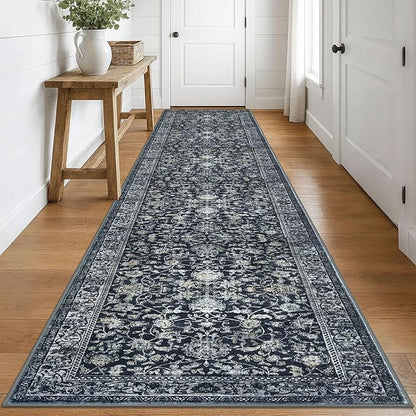 KILOCOCO Runner for Hallway 3x16 Runner Rug Printed Vintage Floral Washable Rug Kitchen Runners Soft Non-Slip Low Pile Hallway Runners Laundry Room Distressed Boho Rugs, Navy/Charcoal