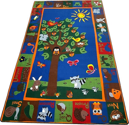 Forest Rug with Animal Alphabet, 4' x 6' Rectangle Animal Playroom Rug for Boys Girls | Area Rug for Kids Room Nursery Decor | Educational Learning for Children's Classroom