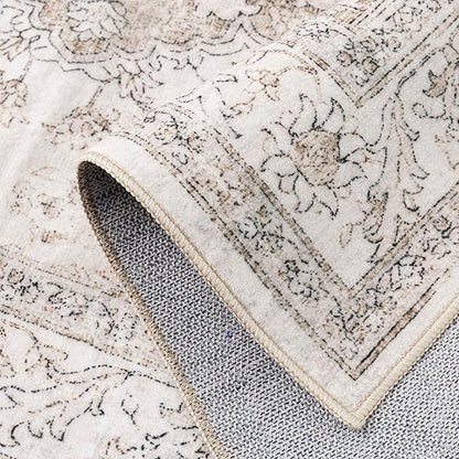 Beige Area Rug 8x10 Washable Vintage Carpet for Living Room Bedroom Large Soft Retro Low Pile Thin Indoor Rug Non Slip Oriental Medallion Floor Cover for Dining Room Office