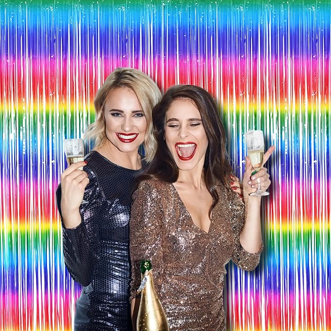 BRAVESHINE Tinsel Foil Curtains - 2 Pack Colorful Party Streamers Fringe Backdrop for Christmas/New Years/Doorway/80s/90s/Dance/Bachelorette/Engagement/Rainbows-theme/Candy/Birthdays Decorations