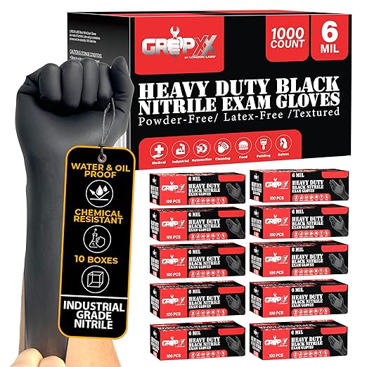 Heavy Duty 6 Mil Black Nitrile Gloves - Disposable, Latex & Powder Free | Mechanic, Food Prep & Tattoo | Rubber Gloves for Cooking, Cleaning & Household |Bulk Case of (1000)