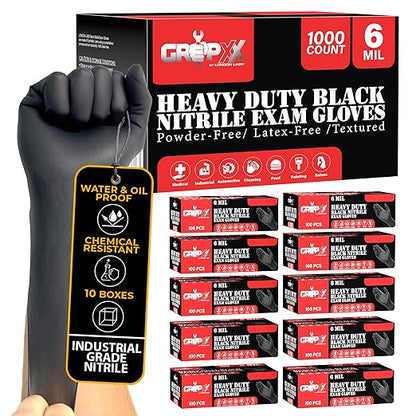 Heavy Duty 6 Mil Black Nitrile Gloves - Disposable, Latex & Powder Free | Mechanic, Food Prep & Tattoo | Rubber Gloves for Cooking, Cleaning & Household |Bulk Case of (1000)