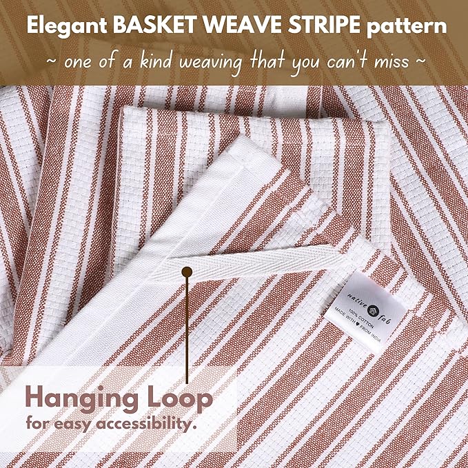 Native Fab Stripe Kitchen Towels - 100% Cotton - 4 Pack - 16"x26" - Striped Tea Towel, Dish Cloths for Drying Dishes, Absorbent, Quick Dry Towels Set with Hanging Loop - Rust