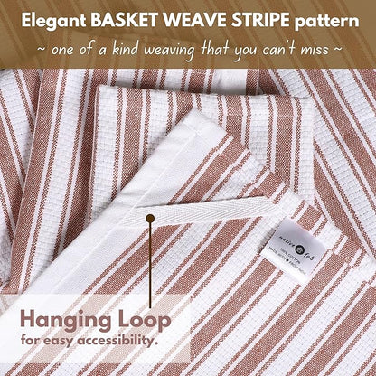 Native Fab Kitchen Dish Towels 16x26 inches - Set of 12 - Basket Weave 100% Cotton Striped Tea Towels, Wash Cloths for Drying Dishes, Absorbent Hand Towels with Hanging Loop - Rust