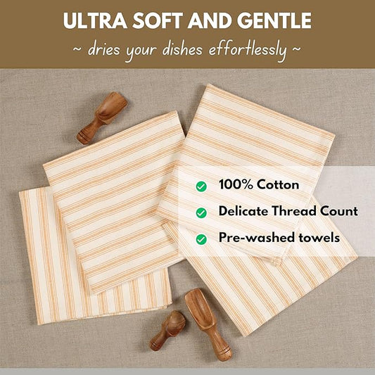 Native Fab 4 Pack Farmhouse Modern Stripe Kitchen Dish Towels Cotton Super Absorbent Quick Drying Reusable 18x26 Inches - Bar Hand Towels, Kitchen Cleaning Towels with Hanging Loop, Yellow