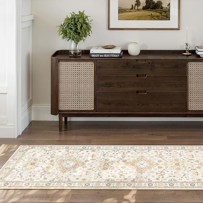 Washable 2x6 Runner Rugs for Kitchen Hallway,Beige Boho Rug for Bedroom Bedside Laundry Room Bathroom Rug, Non Slip Low Pile Soft 24 x 72 Floor Modern Carpet, Beige/Gold