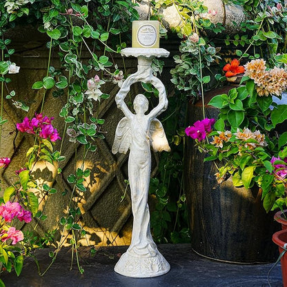 Sungmor Vintage Cast Iron Angel Candlestick Holder – 22.6” Antique Gothic Candle Stand for Home Decor, Taper & Pillar Candles, Distressed White Decorative Centerpiece