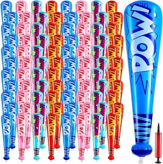 Seematn 100 Pcs Pow Inflatable Baseball Bats 17 Inch Inflatable Blow up Bats for Kids Carnival Game Prizes Bulk Baseball Party Favors Carnival Hero Sports Prizes (Blue,Dark Blue,Pink,Red)