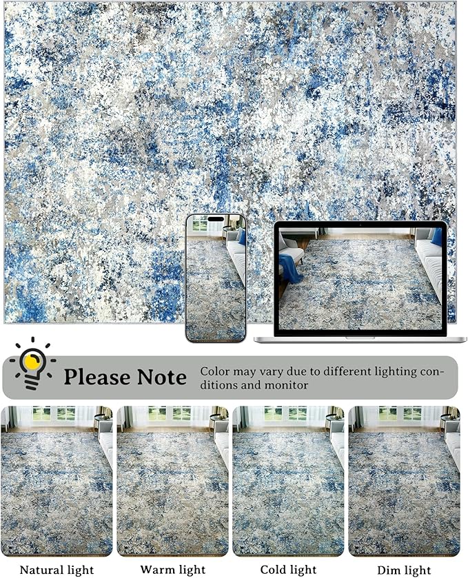 AUKOW Washable Area Rug for Living Room: 9x12 Modern Abstract Neutral Soft Rug for Bedroom Dining Room No Slip Low Pile Carpet for Nursery Home Office - Grey/Blue