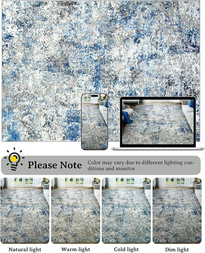 AUKOW Washable Area Rug for Living Room: 9x12 Modern Abstract Neutral Soft Rug for Bedroom Dining Room No Slip Low Pile Carpet for Nursery Home Office - Grey/Blue