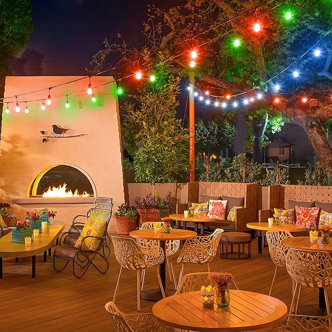 50FT RGB Solar Outdoor String Lights with Remote, Dimmable Waterproof Patio Lights with 15 LED Shatterproof Edison Bulbs for Backyard-Black