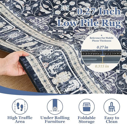 Small Area Rugs 3x4, Dark Blue Throw Rugs for Kitchen Bathroom Bedroom, Washable Non Slip Ultra Thin Front Indoor Door Mats for Entrance Entryway Foyer, Transitional Floral Trellis Printed