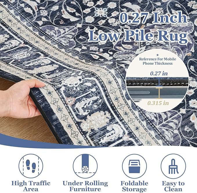 Dark Blue 3x8 Hallway Runner Rug, Kitchen Runners Non Skid Washable 8 ft, Washable Non Slip Ultra Thin Carpet Runner for Entryway Corridor Mudroom Bathroom, Transitional Moroccan Floral Trellis