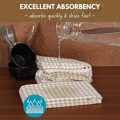Native Fab Gingham Check Kitchen Dish Towels 16"x26" Set of 12-100% Cotton Mini Plaid Washcloths - Absorbent Dish Cloths Set, Cleaning Hand Towels with Hanging Loop - Beige White