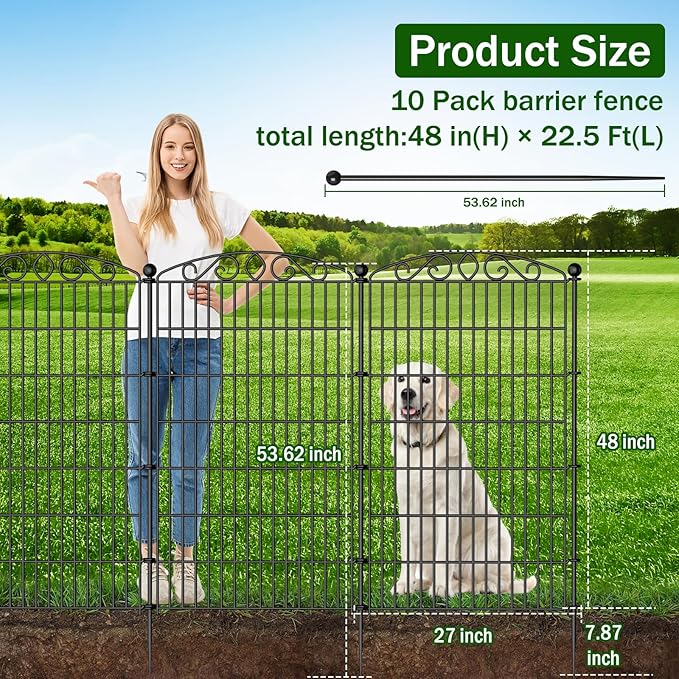 10 Panel No Dig Decorative Garden Fence - 48in H x 22.5ft L, Tall Animal Barrier for Dogs Rabbits, Rustproof Metal Wire Panels for Yard, Patio, and Outdoor Border Use