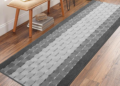 16 ft Non Slip Washable Carpet Runner Rug with Rubber Backing, Custom Floor Mat for Kitchen Hallway Stairs Bedroom Bathroom Entry, Checkered Anthracite Grey, Your Choice of Length, 26 Inch X 16 feet