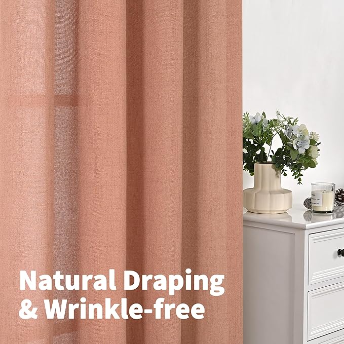 YoungsTex Terracotta Linen Kitchen Window Curtains 36 Inch Length, Small Burnt Orange Drapes with Rod Pocket Back Tab Semi Sheer Textured for Cafe Windows Over Sink, 2 Panels, 24 X 36 Inch