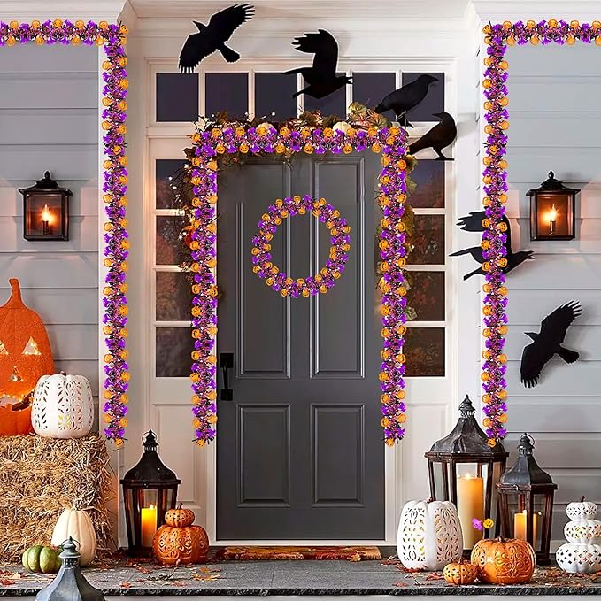 33FT Halloween Tinsel Garland with Orange Pumpkin Purple Bat Ornament, Shiny Metallic Twist Garland Outdoor Indoor Halloween Decorations for Home Table Office Classroom Fireplace Party Decor