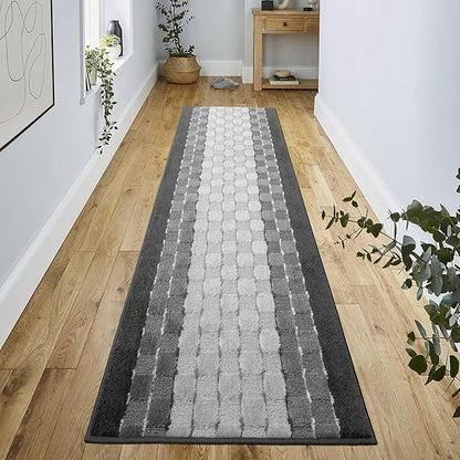 16 ft Non Slip Washable Carpet Runner Rug with Rubber Backing, Custom Floor Mat for Kitchen Hallway Stairs Bedroom Bathroom Entry, Checkered Anthracite Grey, Your Choice of Length, 26 Inch X 16 feet