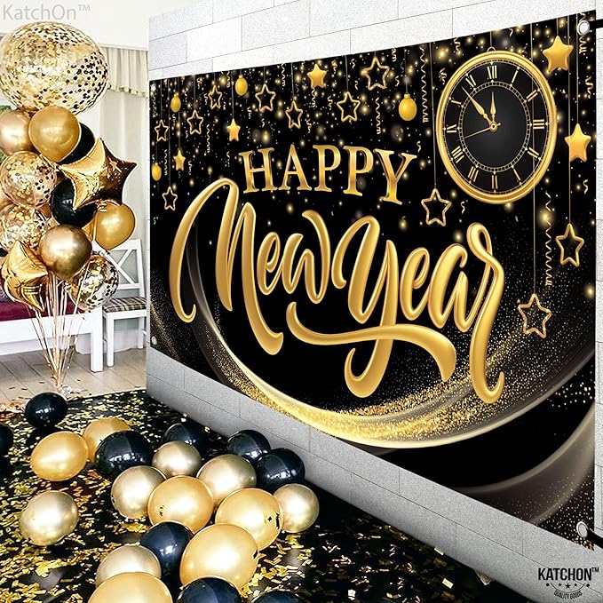 KatchOn, XtraLarge Happy New Year Banner - 72x44 Inch | Happy New Year Backdrop for New Years Decorations 2026 | NYE Eve Banner for NYE Decorations 2026 | New Years Eve Party Supplies 2026