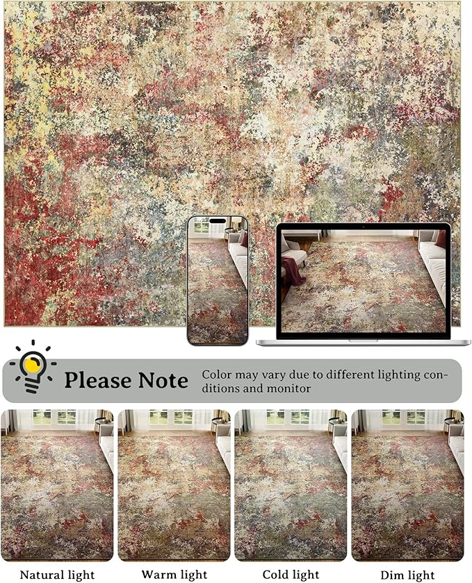 10x12 Area Rug for Living Room - Washable Abstract Rus Modern Neutral Soft Rug for Bedroom Dining Room No Slip Low Pile Carpet for Nursery Home Office - Red/Ivory